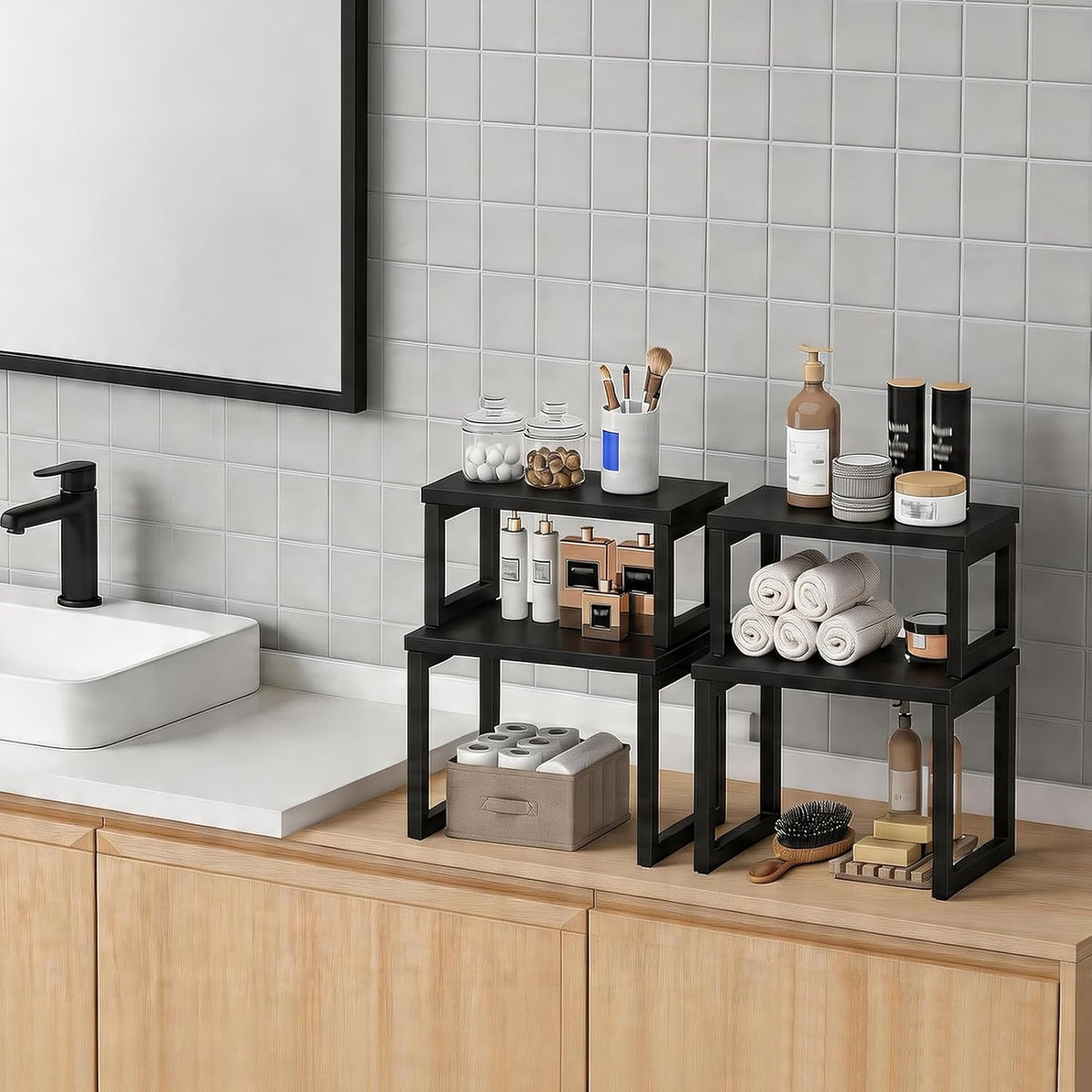 Cabinet Organizer Shelf, Set of 2 Kitchen Counter Shelves, Expandable Kitchen Storage, Stackable Bamboo Spice Rack, for Kitchen, Countertop, Office Desk, Living Room, Mocha MA20TL01