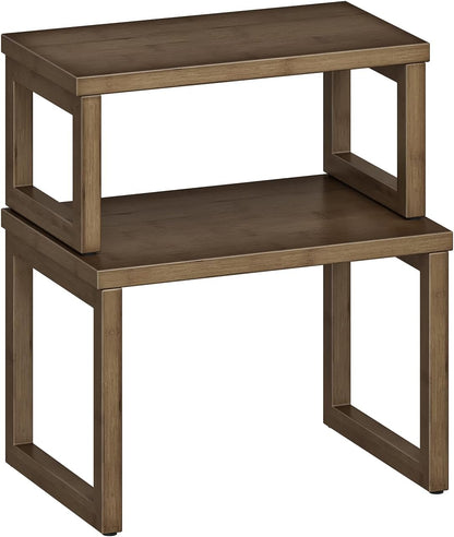 Cabinet Organizer Shelf, Set of 2 Kitchen Counter Shelves, Expandable Kitchen Storage, Stackable Bamboo Spice Rack, for Kitchen, Countertop, Office Desk, Living Room, Mocha MA20TL01