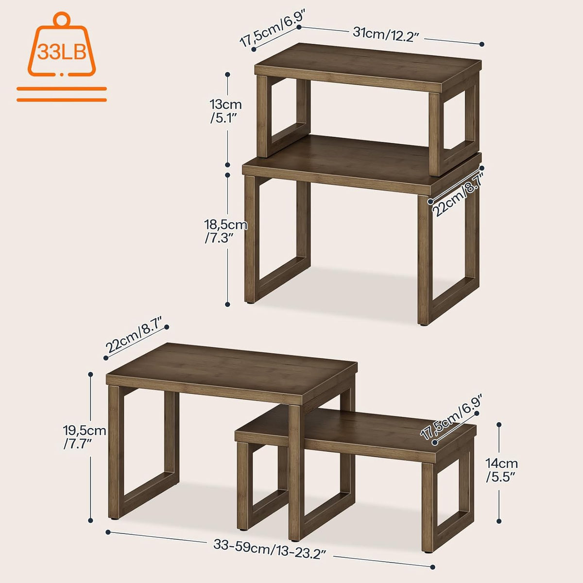 Cabinet Organizer Shelf, Set of 2 Kitchen Counter Shelves, Expandable Kitchen Storage, Stackable Bamboo Spice Rack, for Kitchen, Countertop, Office Desk, Living Room, Mocha MA20TL01