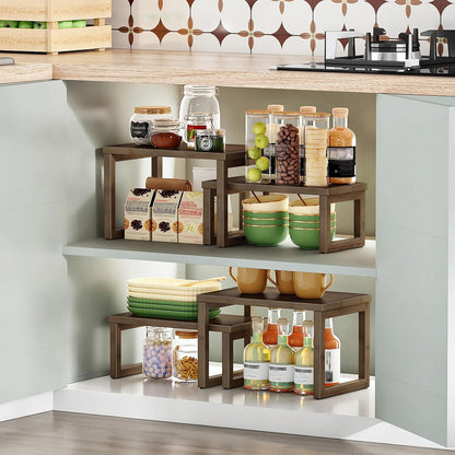 Cabinet Organizer Shelf, Set of 2 Kitchen Counter Shelves, Expandable Kitchen Storage, Stackable Bamboo Spice Rack, for Kitchen, Countertop, Office Desk, Living Room, Mocha MA20TL01
