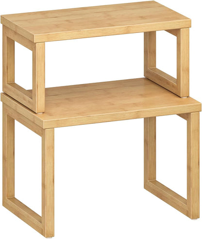 Cabinet Organizer Shelf, Set of 2 Kitchen Counter Shelves, Expandable Kitchen Storage, Stackable Bamboo Spice Rack, for Kitchen, Countertop, Office Desk, Living Room, Mocha MA20TL01