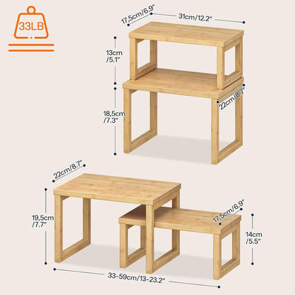 Cabinet Organizer Shelf, Set of 2 Kitchen Counter Shelves, Expandable Kitchen Storage, Stackable Bamboo Spice Rack, for Kitchen, Countertop, Office Desk, Living Room, Mocha MA20TL01
