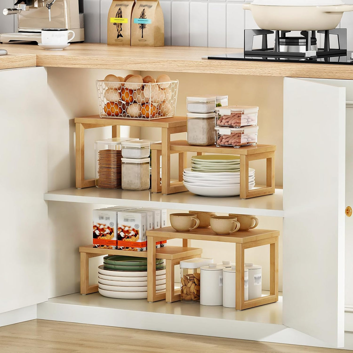 Cabinet Organizer Shelf, Set of 2 Kitchen Counter Shelves, Expandable Kitchen Storage, Stackable Bamboo Spice Rack, for Kitchen, Countertop, Office Desk, Living Room, Mocha MA20TL01