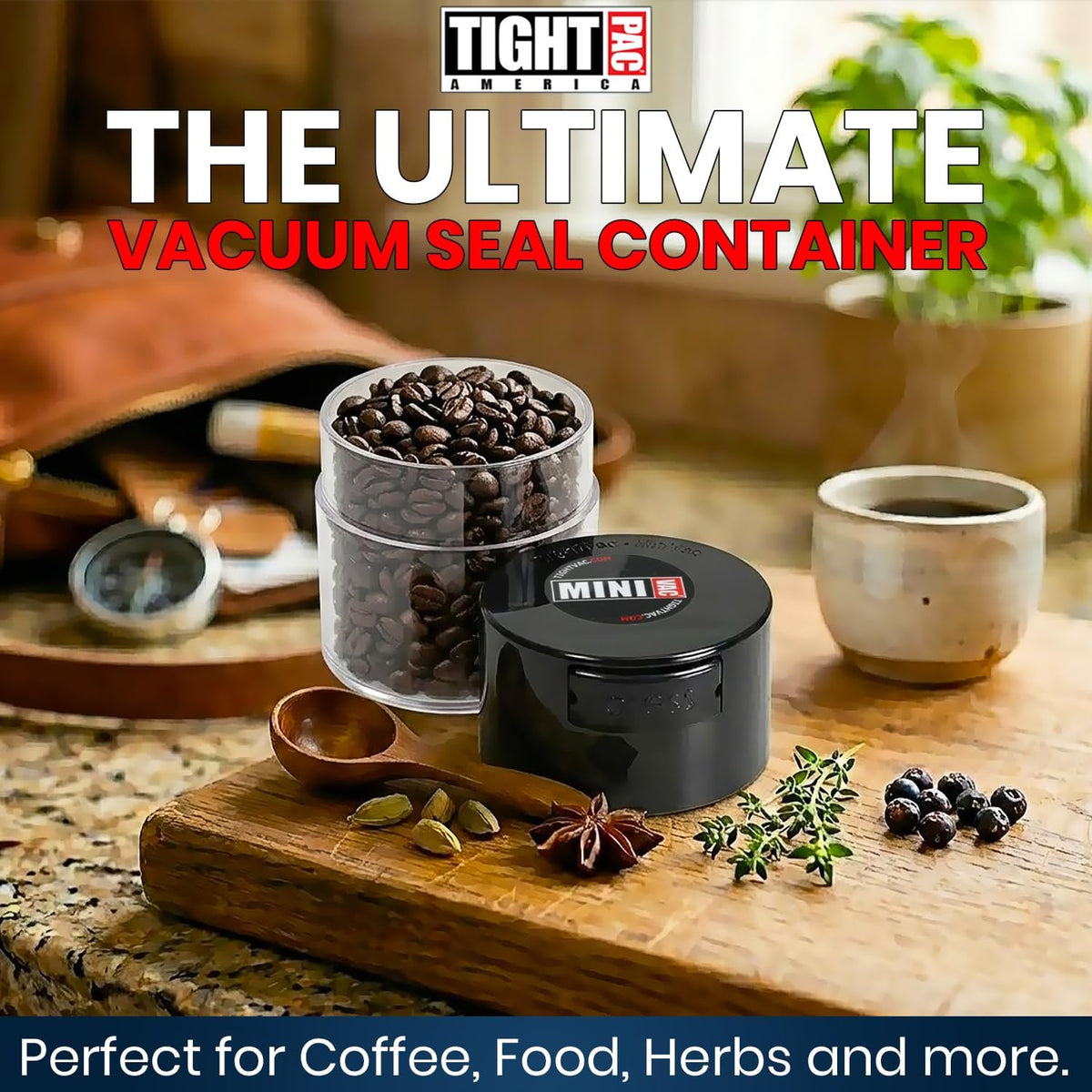 TIGHTPAC MINIVAC Portable Vacuum Seal Airtight Container – Keeps Coffee Beans, Grounds, Tea, Spices & Herbs Fresh Longer – Travel-Ready, NSF-Certified Food-Grade Storage, 10 to 30 Grams, White