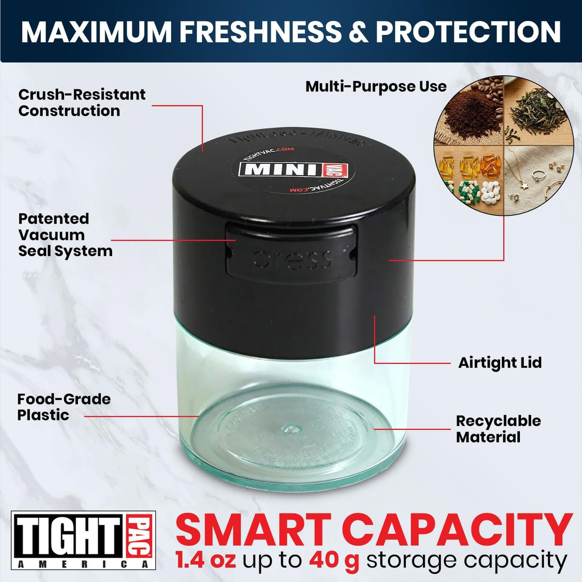 TIGHTPAC MINIVAC Portable Vacuum Seal Airtight Container – Keeps Coffee Beans, Grounds, Tea, Spices & Herbs Fresh Longer – Travel-Ready, NSF-Certified Food-Grade Storage, 10 to 30 Grams, White