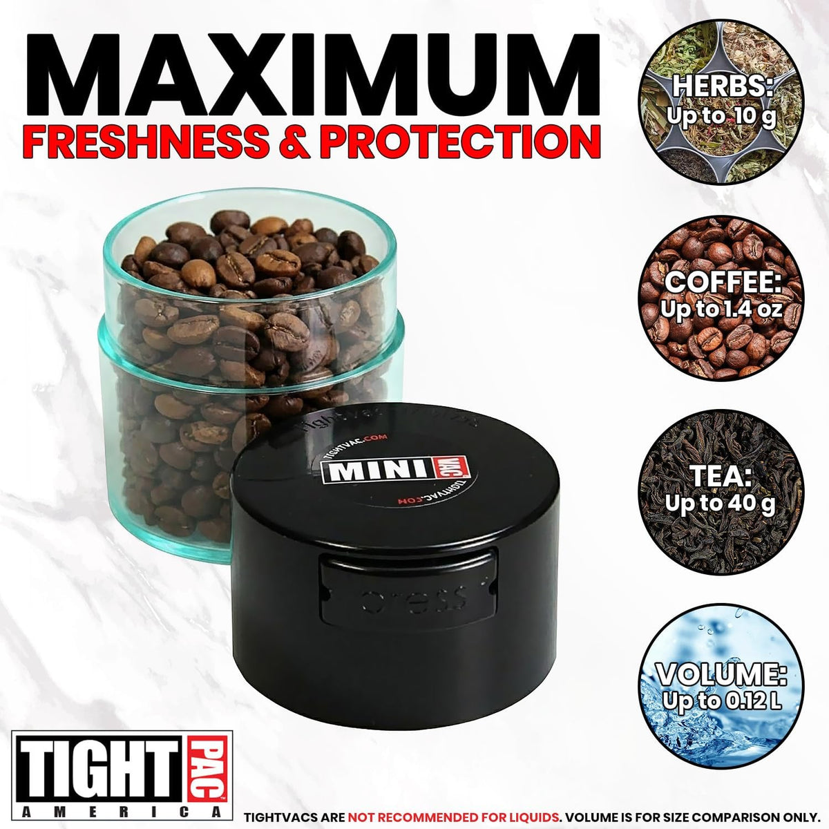 TIGHTPAC MINIVAC Portable Vacuum Seal Airtight Container – Keeps Coffee Beans, Grounds, Tea, Spices & Herbs Fresh Longer – Travel-Ready, NSF-Certified Food-Grade Storage, 10 to 30 Grams, White