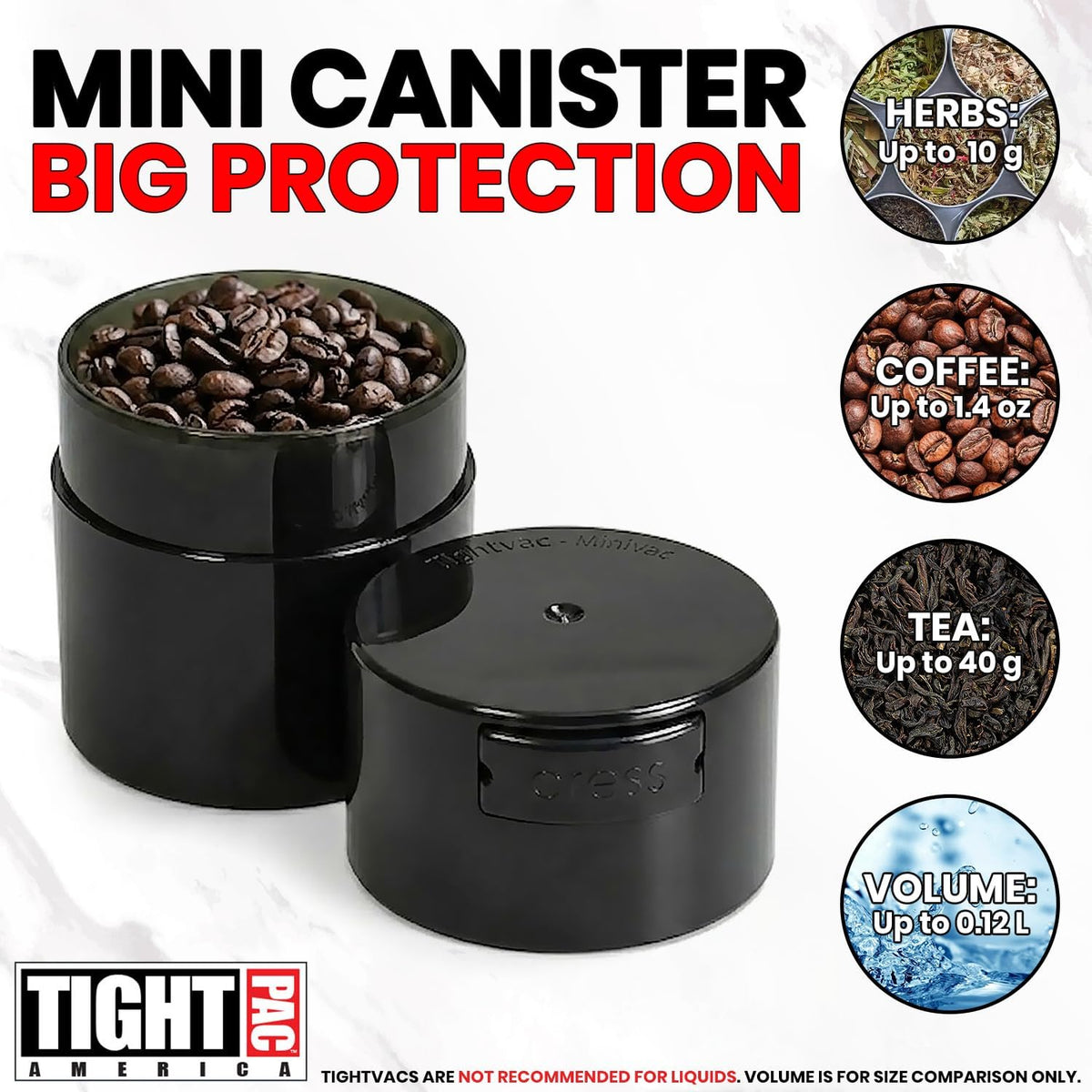 TIGHTPAC MINIVAC Portable Vacuum Seal Airtight Container – Keeps Coffee Beans, Grounds, Tea, Spices & Herbs Fresh Longer – Travel-Ready, NSF-Certified Food-Grade Storage, 10 to 30 Grams, White