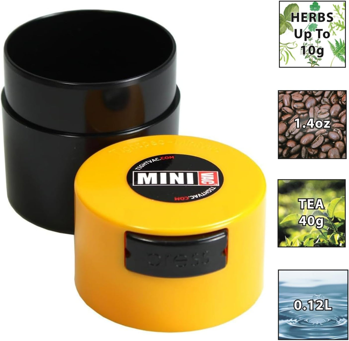 TIGHTPAC MINIVAC Portable Vacuum Seal Airtight Container – Keeps Coffee Beans, Grounds, Tea, Spices & Herbs Fresh Longer – Travel-Ready, NSF-Certified Food-Grade Storage, 10 to 30 Grams, White