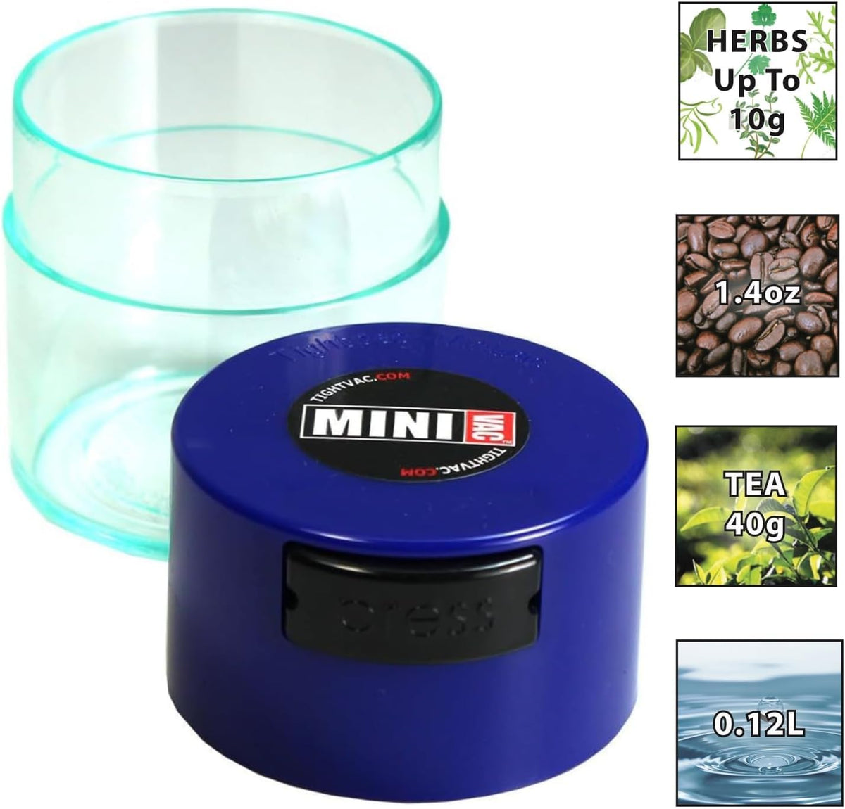 TIGHTPAC MINIVAC Portable Vacuum Seal Airtight Container – Keeps Coffee Beans, Grounds, Tea, Spices & Herbs Fresh Longer – Travel-Ready, NSF-Certified Food-Grade Storage, 10 to 30 Grams, White