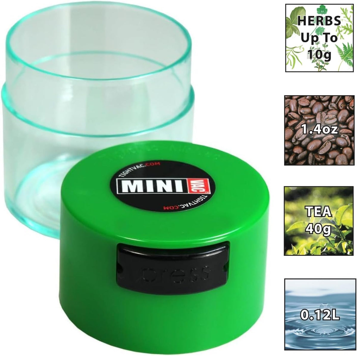 TIGHTPAC MINIVAC Portable Vacuum Seal Airtight Container – Keeps Coffee Beans, Grounds, Tea, Spices & Herbs Fresh Longer – Travel-Ready, NSF-Certified Food-Grade Storage, 10 to 30 Grams, White