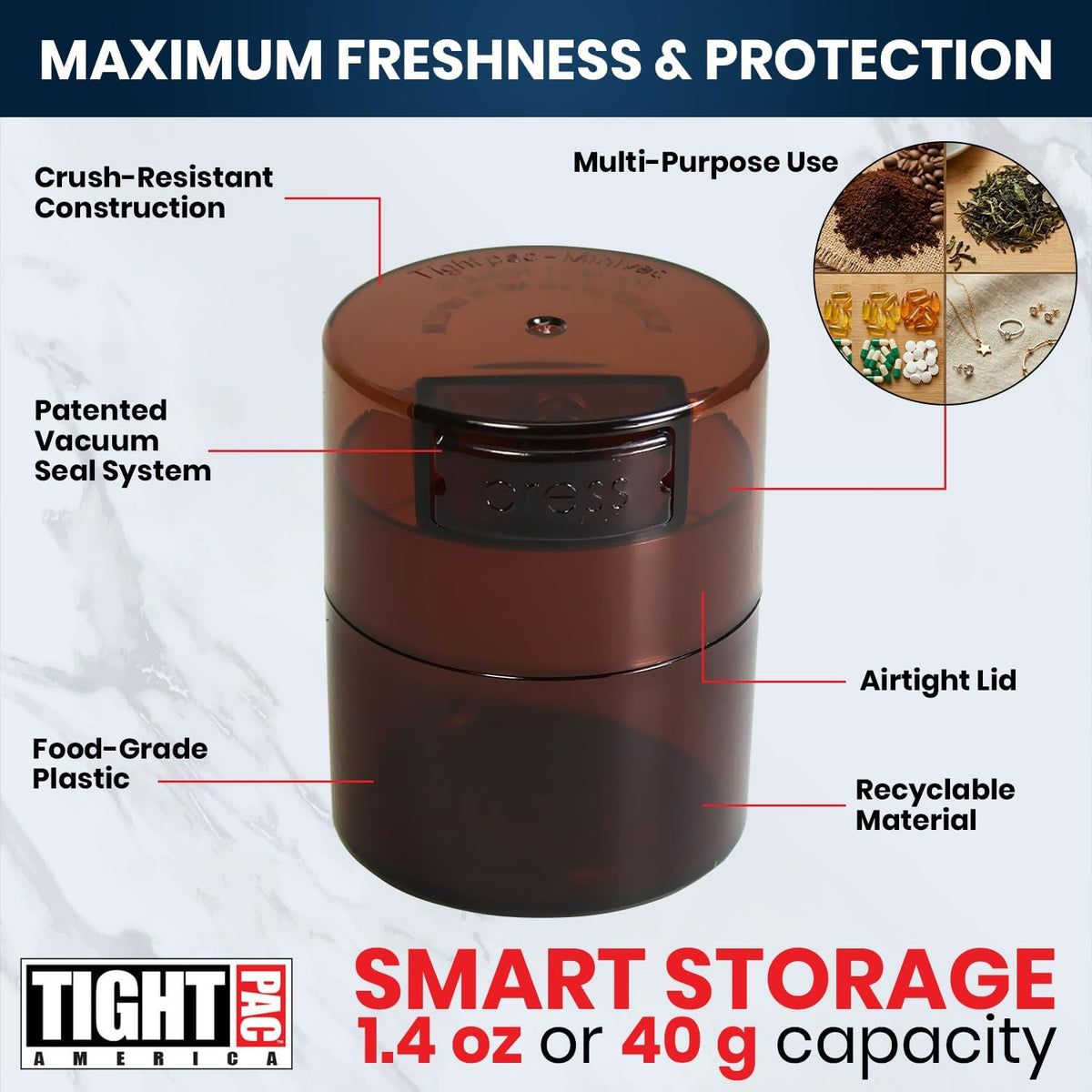 TIGHTPAC MINIVAC Portable Vacuum Seal Airtight Container – Keeps Coffee Beans, Grounds, Tea, Spices & Herbs Fresh Longer – Travel-Ready, NSF-Certified Food-Grade Storage, 10 to 30 Grams, White