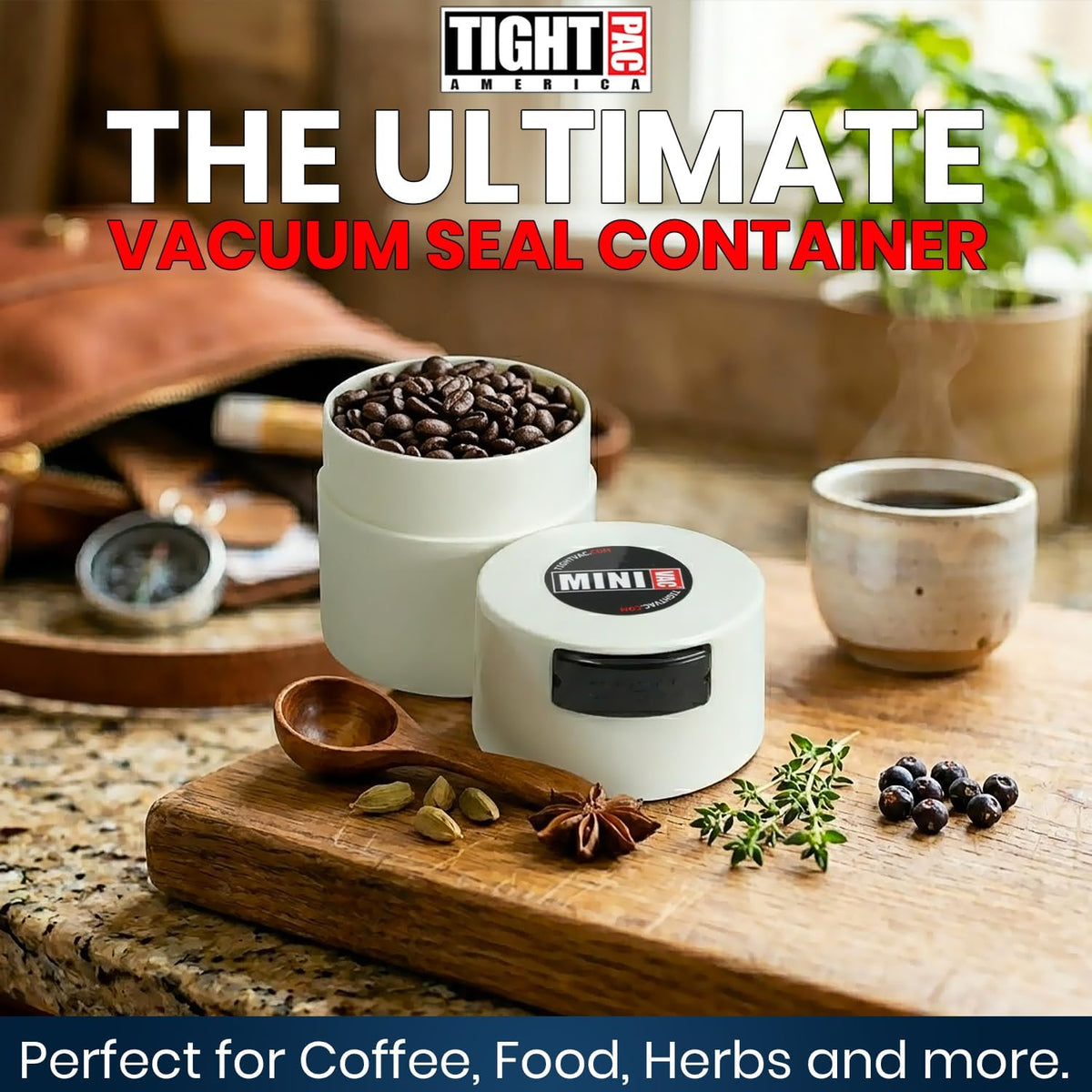 TIGHTPAC MINIVAC Portable Vacuum Seal Airtight Container – Keeps Coffee Beans, Grounds, Tea, Spices & Herbs Fresh Longer – Travel-Ready, NSF-Certified Food-Grade Storage, 10 to 30 Grams, White