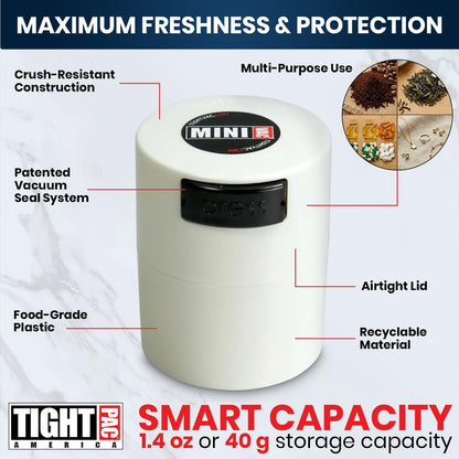 TIGHTPAC MINIVAC Portable Vacuum Seal Airtight Container – Keeps Coffee Beans, Grounds, Tea, Spices & Herbs Fresh Longer – Travel-Ready, NSF-Certified Food-Grade Storage, 10 to 30 Grams, White