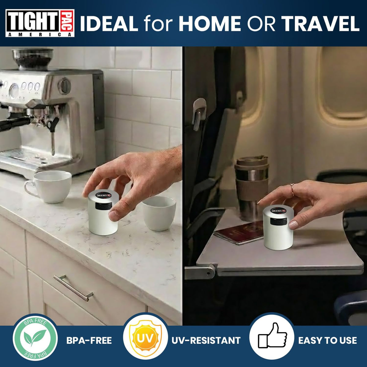 TIGHTPAC MINIVAC Portable Vacuum Seal Airtight Container – Keeps Coffee Beans, Grounds, Tea, Spices & Herbs Fresh Longer – Travel-Ready, NSF-Certified Food-Grade Storage, 10 to 30 Grams, White