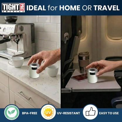 TIGHTPAC MINIVAC Portable Vacuum Seal Airtight Container – Keeps Coffee Beans, Grounds, Tea, Spices & Herbs Fresh Longer – Travel-Ready, NSF-Certified Food-Grade Storage, 10 to 30 Grams, White