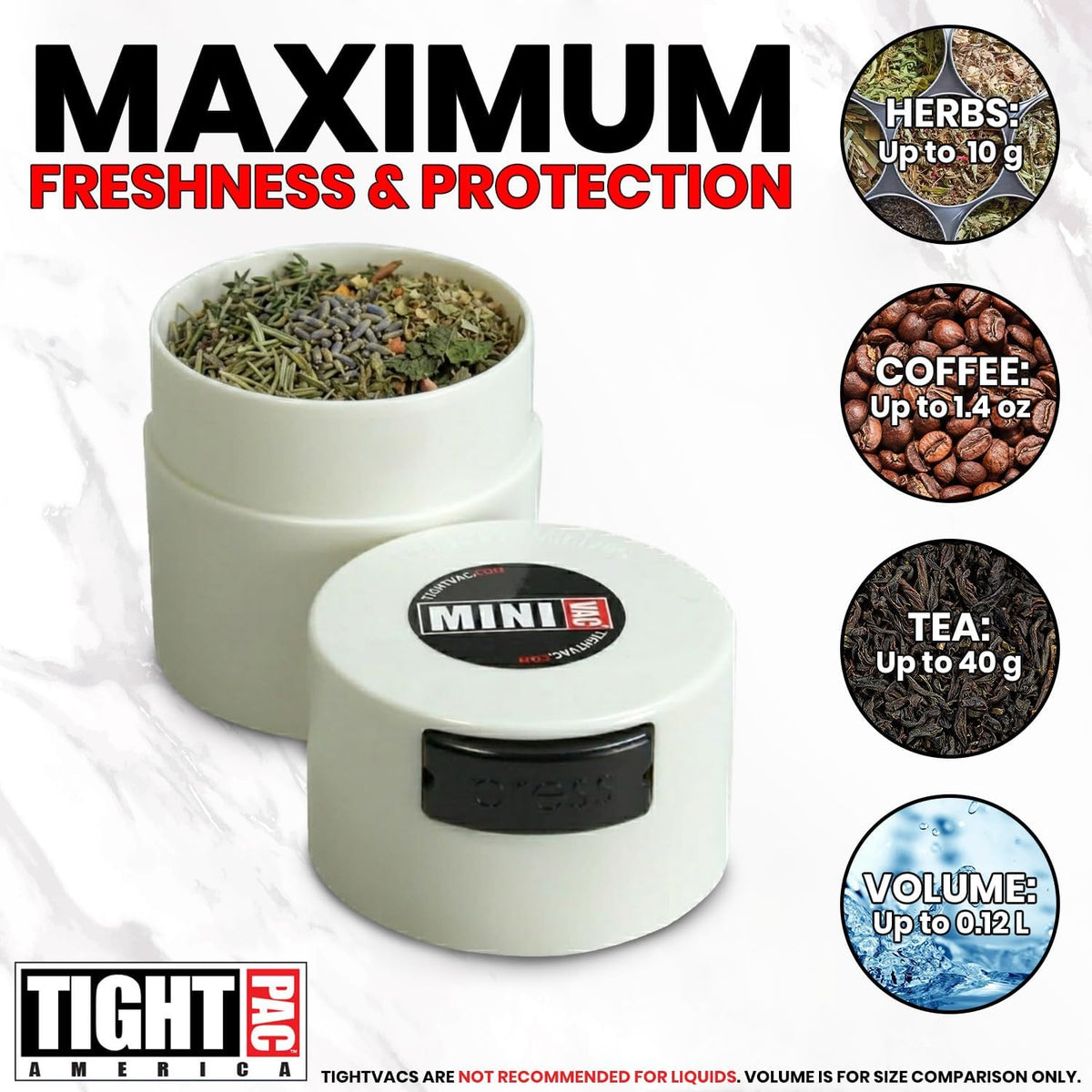 TIGHTPAC MINIVAC Portable Vacuum Seal Airtight Container – Keeps Coffee Beans, Grounds, Tea, Spices & Herbs Fresh Longer – Travel-Ready, NSF-Certified Food-Grade Storage, 10 to 30 Grams, White