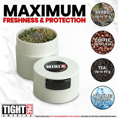 TIGHTPAC MINIVAC Portable Vacuum Seal Airtight Container – Keeps Coffee Beans, Grounds, Tea, Spices & Herbs Fresh Longer – Travel-Ready, NSF-Certified Food-Grade Storage, 10 to 30 Grams, White