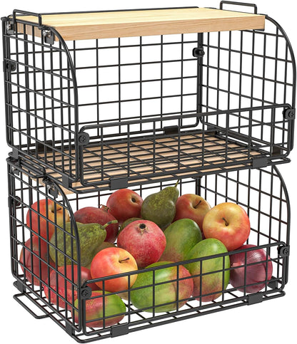 2 Set Stackable Wire Basket with Openable Top, Kitchen Counter, Pantry Organizer and Storage Produce Onion Potato Fruits Vegs Bread Food Snack Spice Organizing Bin for Cabinet Shelf Countertop Floor