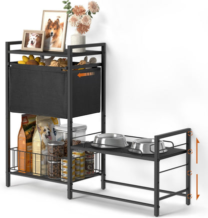 Elevated Dog Bowl Stand with Toy Bin Basket, 4 Height Adjustable Raised Feeding Station Cabinet, Lifted Food and Water Bowl Holder, Pet Storage Organizer for Large Medium Small Dogs