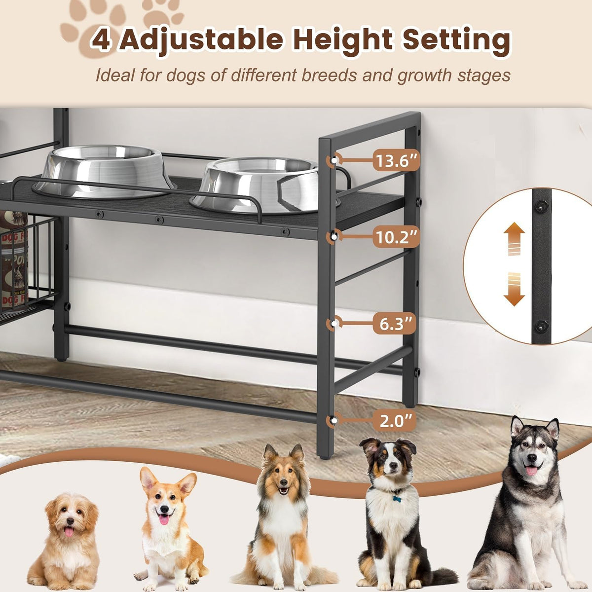 Elevated Dog Bowl Stand with Toy Bin Basket, 4 Height Adjustable Raised Feeding Station Cabinet, Lifted Food and Water Bowl Holder, Pet Storage Organizer for Large Medium Small Dogs