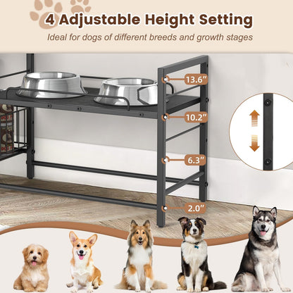 Elevated Dog Bowl Stand with Toy Bin Basket, 4 Height Adjustable Raised Feeding Station Cabinet, Lifted Food and Water Bowl Holder, Pet Storage Organizer for Large Medium Small Dogs
