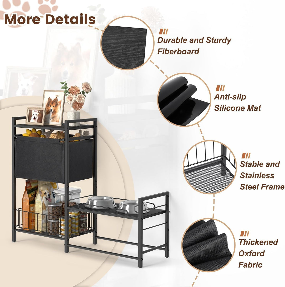 Elevated Dog Bowl Stand with Toy Bin Basket, 4 Height Adjustable Raised Feeding Station Cabinet, Lifted Food and Water Bowl Holder, Pet Storage Organizer for Large Medium Small Dogs