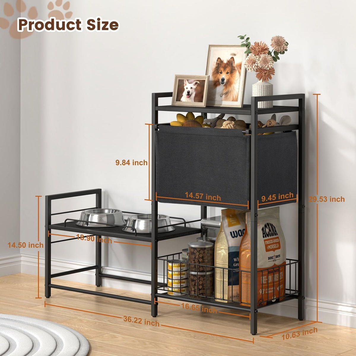 Elevated Dog Bowl Stand with Toy Bin Basket, 4 Height Adjustable Raised Feeding Station Cabinet, Lifted Food and Water Bowl Holder, Pet Storage Organizer for Large Medium Small Dogs