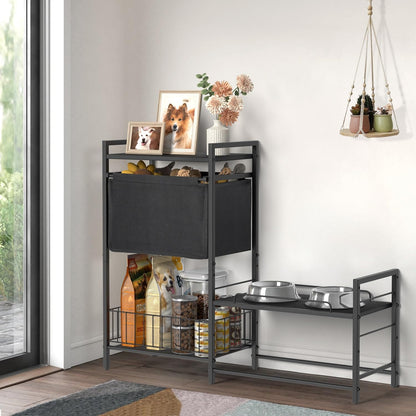 Elevated Dog Bowl Stand with Toy Bin Basket, 4 Height Adjustable Raised Feeding Station Cabinet, Lifted Food and Water Bowl Holder, Pet Storage Organizer for Large Medium Small Dogs