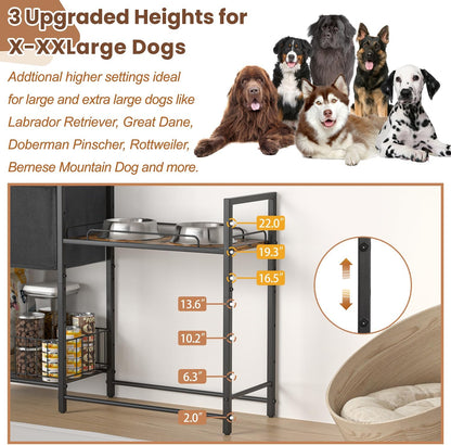 Elevated Dog Bowl Stand with Toy Bin Basket, 4 Height Adjustable Raised Feeding Station Cabinet, Lifted Food and Water Bowl Holder, Pet Storage Organizer for Large Medium Small Dogs