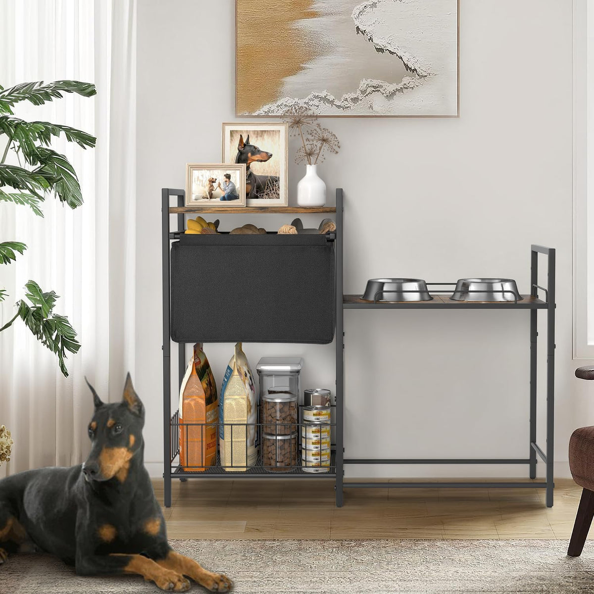 Elevated Dog Bowl Stand with Toy Bin Basket, 4 Height Adjustable Raised Feeding Station Cabinet, Lifted Food and Water Bowl Holder, Pet Storage Organizer for Large Medium Small Dogs