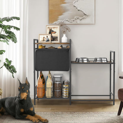 Elevated Dog Bowl Stand with Toy Bin Basket, 4 Height Adjustable Raised Feeding Station Cabinet, Lifted Food and Water Bowl Holder, Pet Storage Organizer for Large Medium Small Dogs