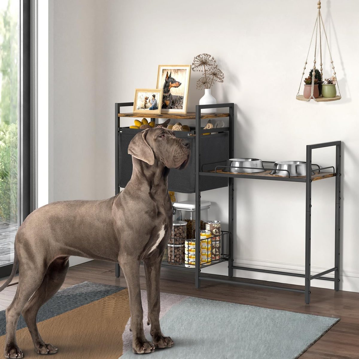 Elevated Dog Bowl Stand with Toy Bin Basket, 4 Height Adjustable Raised Feeding Station Cabinet, Lifted Food and Water Bowl Holder, Pet Storage Organizer for Large Medium Small Dogs