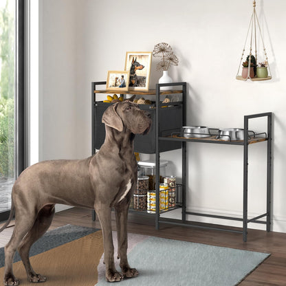 Elevated Dog Bowl Stand with Toy Bin Basket, 4 Height Adjustable Raised Feeding Station Cabinet, Lifted Food and Water Bowl Holder, Pet Storage Organizer for Large Medium Small Dogs