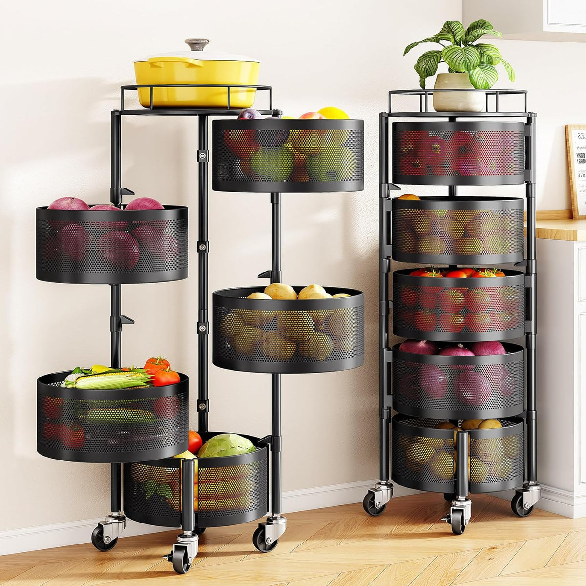 5-Tier Fruit and Vegetable Basket Bowls for Kitchen, Rotating, Black | Metal Top Lid, Rolling Storage Rack Cart for Potato, Onion &Fruit, Large Wire Basket Organizer for Kitchen Counter, Pantry