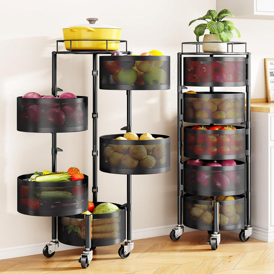 5-Tier Fruit and Vegetable Basket Bowls for Kitchen, Rotating, Black | Metal Top Lid, Rolling Storage Rack Cart for Potato, Onion &Fruit, Large Wire Basket Organizer for Kitchen Counter, Pantry