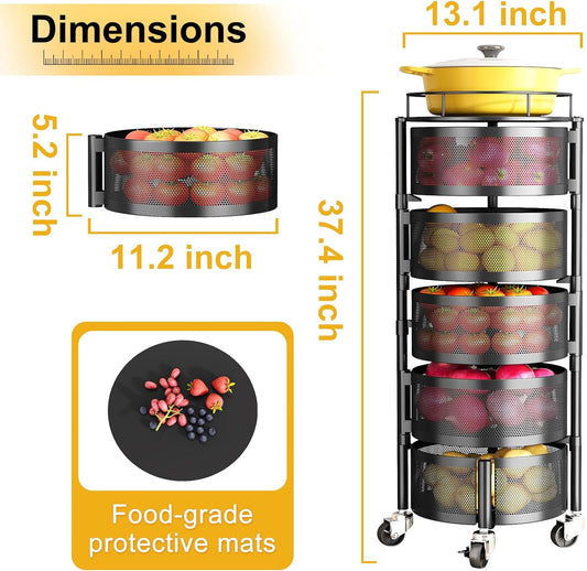 5-Tier Fruit and Vegetable Basket Bowls for Kitchen, Rotating, Black | Metal Top Lid, Rolling Storage Rack Cart for Potato, Onion &Fruit, Large Wire Basket Organizer for Kitchen Counter, Pantry