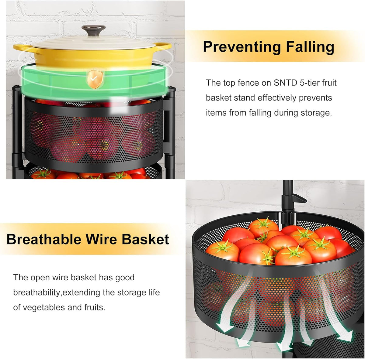 5-Tier Fruit and Vegetable Basket Bowls for Kitchen, Rotating, Black | Metal Top Lid, Rolling Storage Rack Cart for Potato, Onion &Fruit, Large Wire Basket Organizer for Kitchen Counter, Pantry