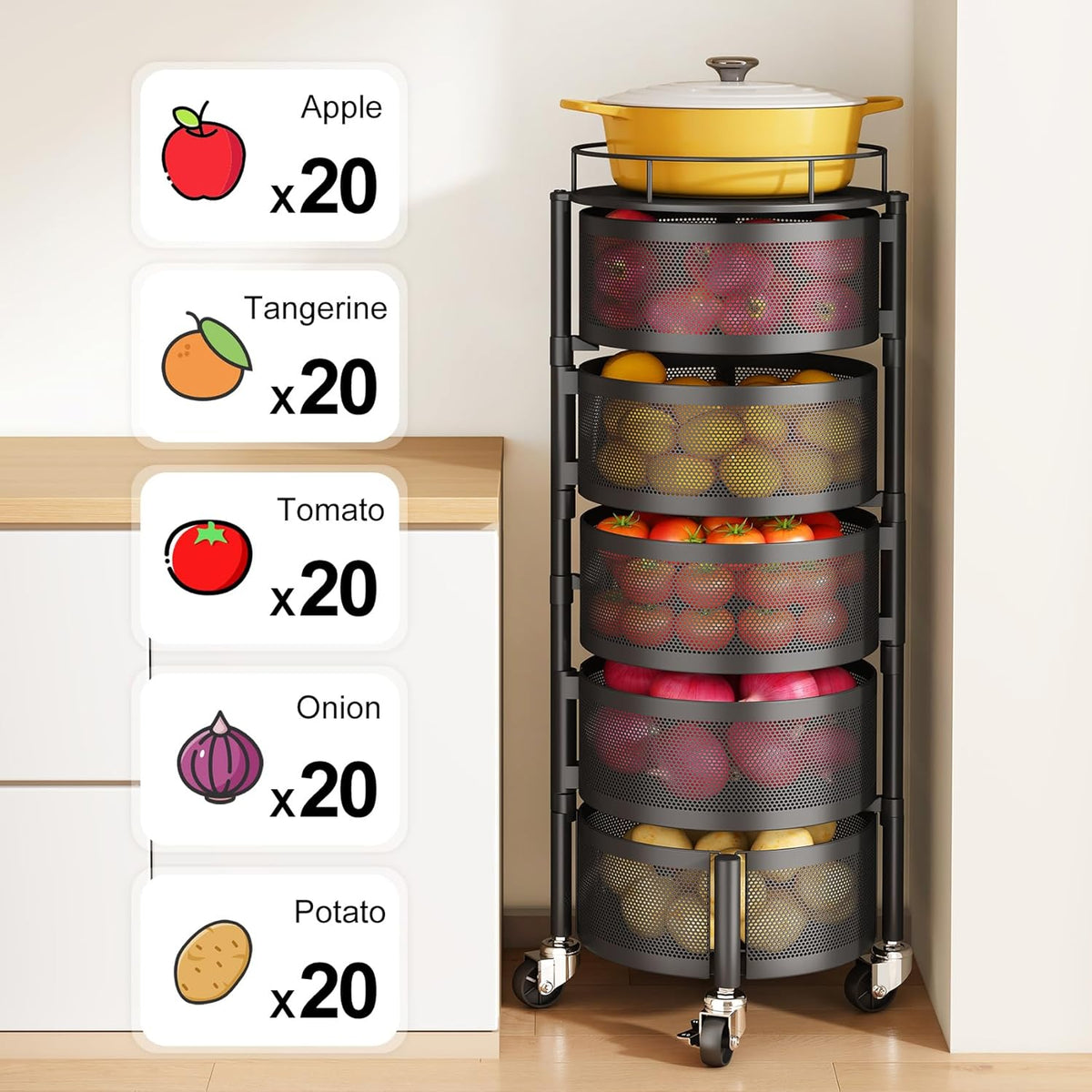 5-Tier Fruit and Vegetable Basket Bowls for Kitchen, Rotating, Black | Metal Top Lid, Rolling Storage Rack Cart for Potato, Onion &Fruit, Large Wire Basket Organizer for Kitchen Counter, Pantry