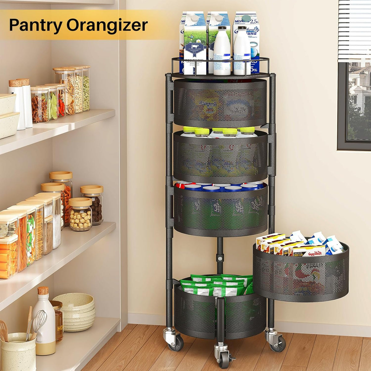 5-Tier Fruit and Vegetable Basket Bowls for Kitchen, Rotating, Black | Metal Top Lid, Rolling Storage Rack Cart for Potato, Onion &Fruit, Large Wire Basket Organizer for Kitchen Counter, Pantry