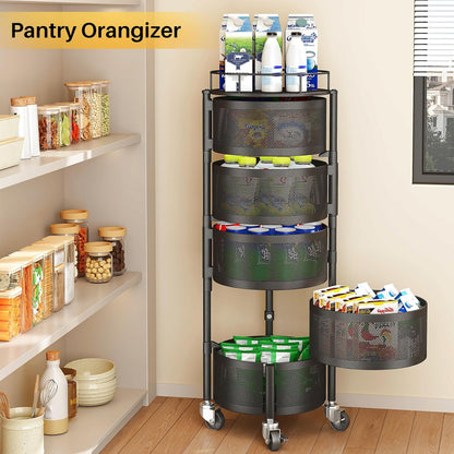5-Tier Fruit and Vegetable Basket Bowls for Kitchen, Rotating, Black | Metal Top Lid, Rolling Storage Rack Cart for Potato, Onion &Fruit, Large Wire Basket Organizer for Kitchen Counter, Pantry