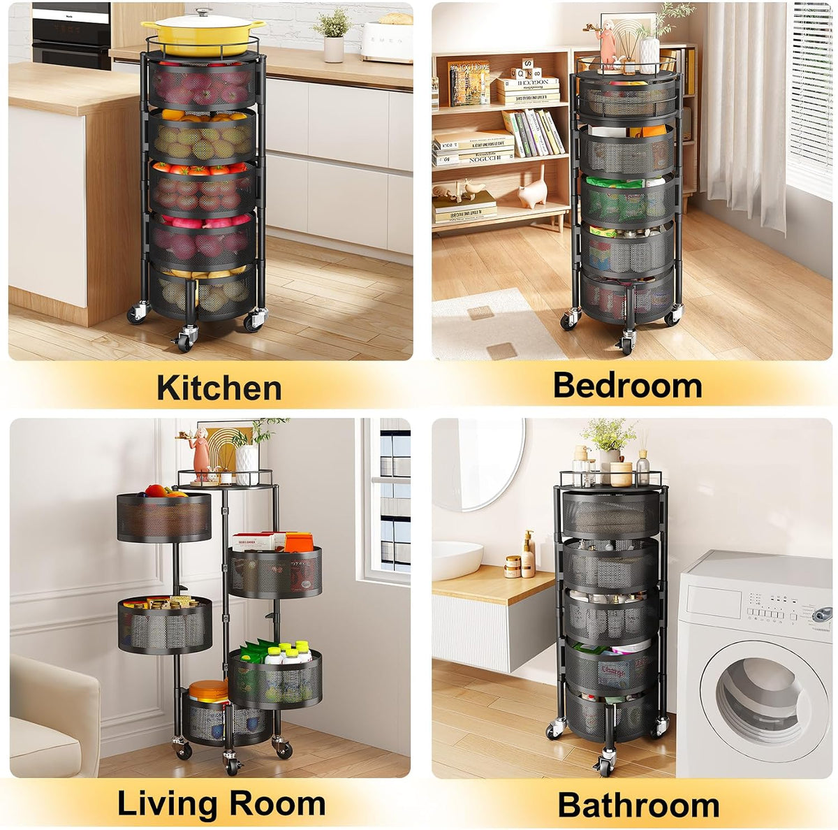 5-Tier Fruit and Vegetable Basket Bowls for Kitchen, Rotating, Black | Metal Top Lid, Rolling Storage Rack Cart for Potato, Onion &Fruit, Large Wire Basket Organizer for Kitchen Counter, Pantry