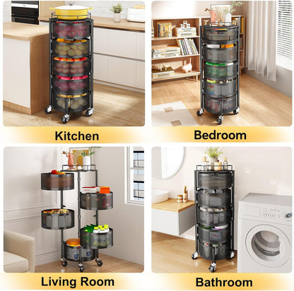 5-Tier Fruit and Vegetable Basket Bowls for Kitchen, Rotating, Black | Metal Top Lid, Rolling Storage Rack Cart for Potato, Onion &Fruit, Large Wire Basket Organizer for Kitchen Counter, Pantry