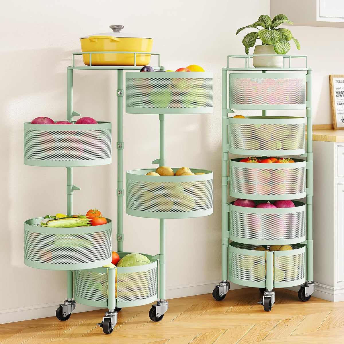5-Tier Fruit and Vegetable Basket Bowls for Kitchen, Rotating, Black | Metal Top Lid, Rolling Storage Rack Cart for Potato, Onion &Fruit, Large Wire Basket Organizer for Kitchen Counter, Pantry
