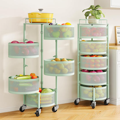 5-Tier Fruit and Vegetable Basket Bowls for Kitchen, Rotating, Black | Metal Top Lid, Rolling Storage Rack Cart for Potato, Onion &Fruit, Large Wire Basket Organizer for Kitchen Counter, Pantry