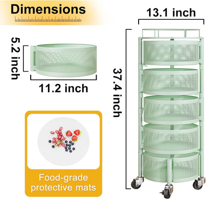 5-Tier Fruit and Vegetable Basket Bowls for Kitchen, Rotating, Black | Metal Top Lid, Rolling Storage Rack Cart for Potato, Onion &Fruit, Large Wire Basket Organizer for Kitchen Counter, Pantry