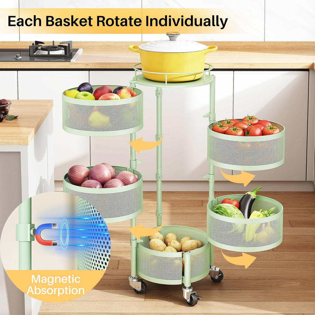 5-Tier Fruit and Vegetable Basket Bowls for Kitchen, Rotating, Black | Metal Top Lid, Rolling Storage Rack Cart for Potato, Onion &Fruit, Large Wire Basket Organizer for Kitchen Counter, Pantry