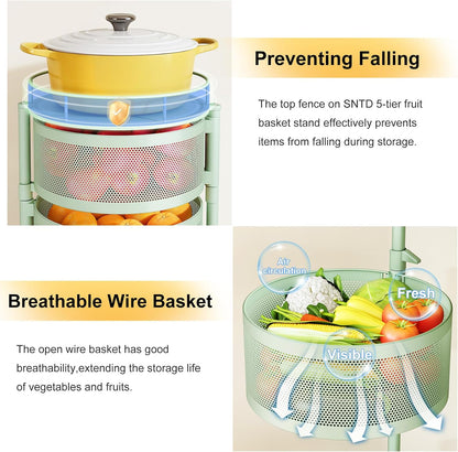 5-Tier Fruit and Vegetable Basket Bowls for Kitchen, Rotating, Black | Metal Top Lid, Rolling Storage Rack Cart for Potato, Onion &Fruit, Large Wire Basket Organizer for Kitchen Counter, Pantry