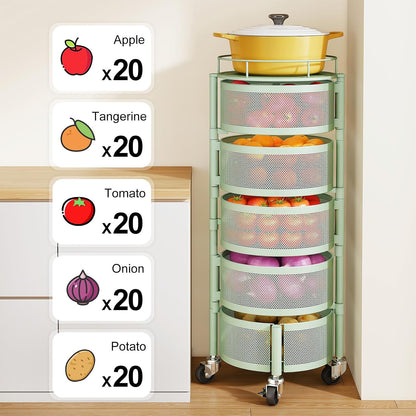 5-Tier Fruit and Vegetable Basket Bowls for Kitchen, Rotating, Black | Metal Top Lid, Rolling Storage Rack Cart for Potato, Onion &Fruit, Large Wire Basket Organizer for Kitchen Counter, Pantry