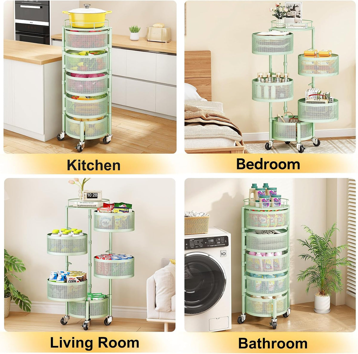 5-Tier Fruit and Vegetable Basket Bowls for Kitchen, Rotating, Black | Metal Top Lid, Rolling Storage Rack Cart for Potato, Onion &Fruit, Large Wire Basket Organizer for Kitchen Counter, Pantry