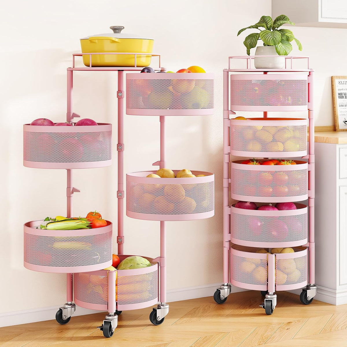 5-Tier Fruit and Vegetable Basket Bowls for Kitchen, Rotating, Black | Metal Top Lid, Rolling Storage Rack Cart for Potato, Onion &Fruit, Large Wire Basket Organizer for Kitchen Counter, Pantry